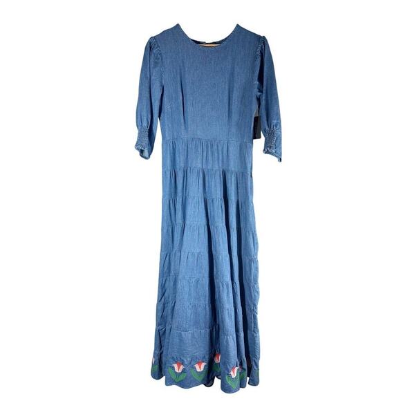 RIXO Kristen Tiered Embroidered Chambray Denim Maxi Dress Size US 6 - Picture 1 of 14
